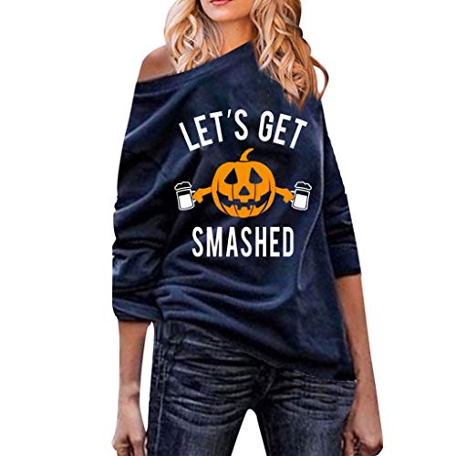 WARMWORD Mujeres Moda Manga Larga Impresión de Calabaza Casual Suelto Camisa de Entrenamiento Tops Talla Extra Mujer Otoño Invierno Camisas Casuales Cuello Redondo Camiseta S-5XL