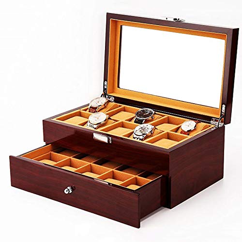 Watch storage box Tiene Capacidad para 20 Relojes, Vitrina Dos Pisos de Madera con Techo Transparente de Vidrio y Cerradura de Seguridad