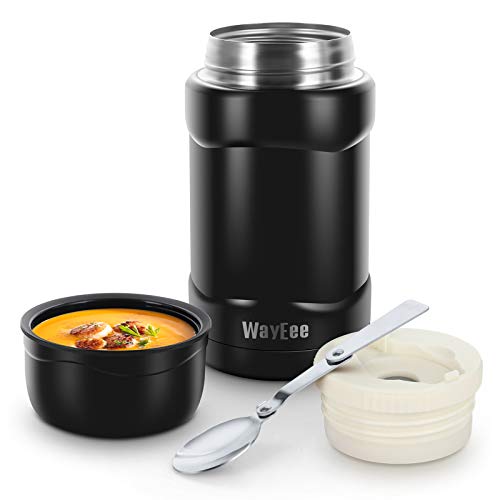 WayEee Termo para Sólido y Líquido Frasco Térmico de Acero Inoxidable con Cuchara Taza Aislada para Comida Bebida Termo Comida Cafe Pures Regalo para Mayores Adultos Niños (Negro 700ml)