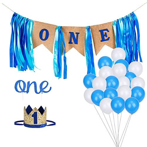 WELROG 1er cumpleaños de bebé Decoraciones de niño con Corona - Baby Boy Primer cumpleaños Decoraciones Conjuntos de Banner de Silla Alta Cake Smash Outfit Proveedores de Fiestas para niñas (Azul)