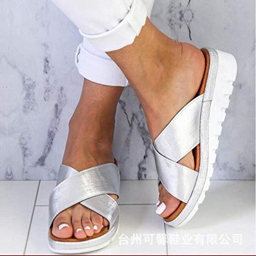 wenhua Zapatos de Playa Piscina Unisex Adulto,Sandalias Planas de Punta Abierta para Mujer, Zapatillas con Plataforma Antideslizante-Silver_38,Zapatillas Interior Piso