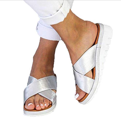 wenhua Zapatos de Playa Piscina Unisex Adulto,Sandalias Planas de Punta Abierta para Mujer, Zapatillas con Plataforma Antideslizante-Silver_38,Zapatillas Interior Piso