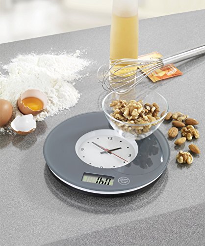 Wenko 53310100 Báscula de Cocina con Reloj de Pared Vidrio Templado Gris