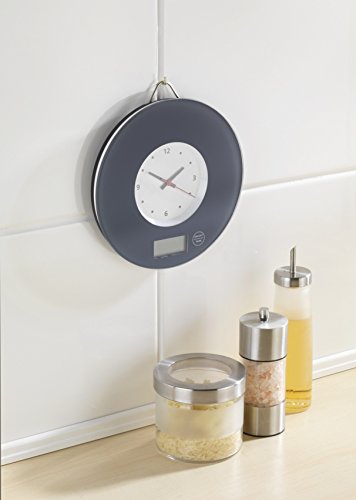 Wenko 53310100 Báscula de Cocina con Reloj de Pared Vidrio Templado Gris