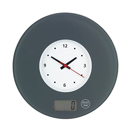 Wenko 53310100 Báscula de Cocina con Reloj de Pared Vidrio Templado Gris