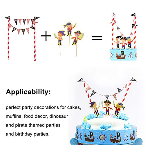 WENTS Kit de Decoración de Pasteles 2PCS Conjunto de Sombrero de Copa de Dinosaurio de Dibujos Animados Pirata Bunting, Decoraciones de Pastel de Fiesta de Cumpleaños para Niños