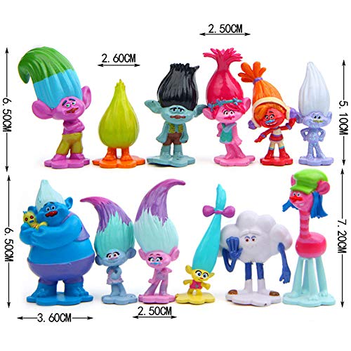 WENTS Trolls Doll Cake Topper Mini Juego de Figuras Niños Mini Juguetes Baby Shower Fiesta de cumpleaños Pastel Decoración Suministros 12 piezas