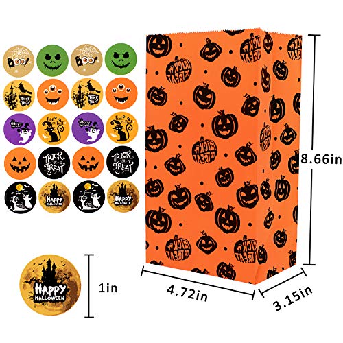 Whaline 60 bolsas de papel de Halloween para trucos o golosinas, bolsas de golosinas, bolsas de dulces con 60 pegatinas de Halloween para fiestas, trucos o tratos, aulas