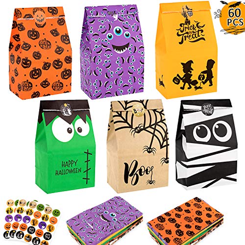 Whaline 60 bolsas de papel de Halloween para trucos o golosinas, bolsas de golosinas, bolsas de dulces con 60 pegatinas de Halloween para fiestas, trucos o tratos, aulas