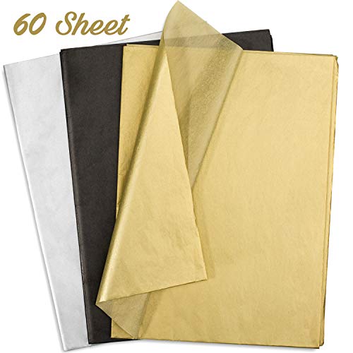 Whaline 60 Hojas Papel de Envoltura de Papel Tisú, Grandes 20'' x 28'' Cuadrados de Papel, para Paquete de Regalo, Botellas de Vino, Arte Artesanal (Dorado, Plateado y Negro)