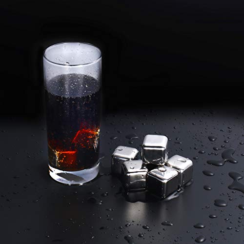 Whiskey Stones - Juego de 8 cubitos de hielo reutilizables de acero inoxidable con pinzas de silicona y bandeja de almacenamiento para vino, bebidas, jugo o soda