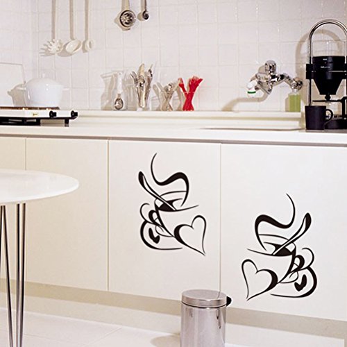 WINOMO 2 UNIDS Taza de Café Calcomanías de Pared Extraíble DIY Vinilo Corazón Pegatinas de Pared para la Cocina Sala de Estar Cafetería Restaurante Decoración de La Pared - Negro