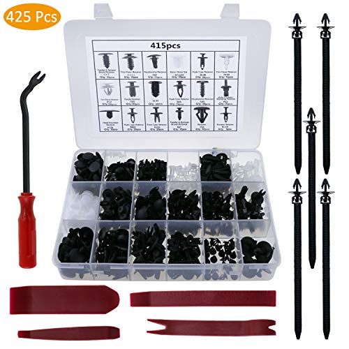 WisFox 425 PCS Clips Ajuste Cuerpo Coche Universales Auto Nylon Negro Plástico,Set para automóvil con sujetador push retainer y Herramienta de Desmontar y Caja de Almacenaje-Negro