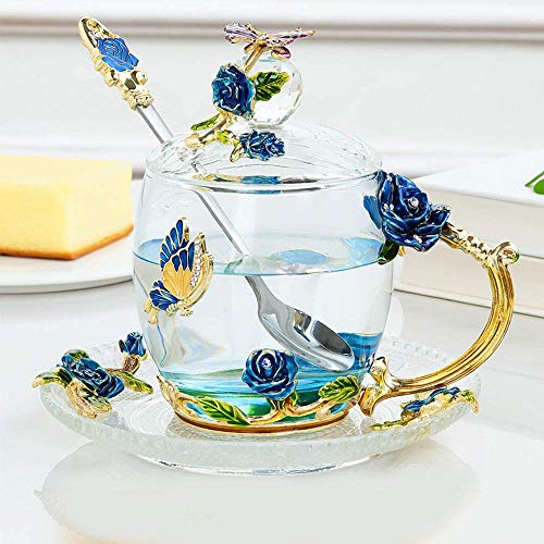 WLGQ Juego de té Europeo Caja de Regalo de Esmalte de café Juego de té de Taza de Vidrio Bandeja de Porcelana de Hueso de cerámica Europea Fiesta del té de la Tarde, Azul