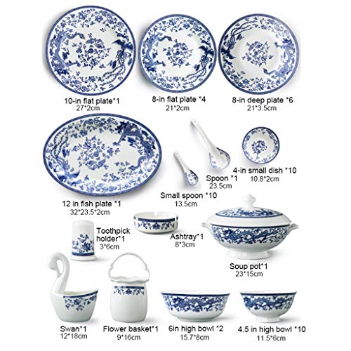 WLNKJ Juego De Vajilla De Cerámica con 50 Piezas, Tazón/Olla/Plato/Cuchara | Juegos De Vajilla Bone China, Juego Combinado De Porcelana Azul Y Blanca