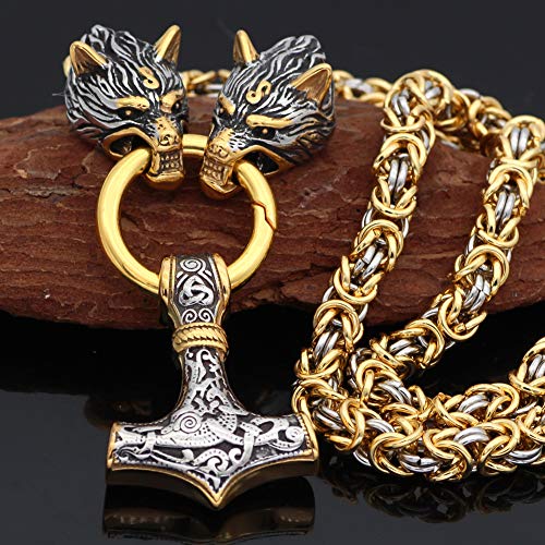 WLXW Collar de Hombre Vikingo, Colgante de Martillo Vintage Odin Thor, Joyería de Amuleto Vikingo Mjolnir, Collar de Acero Inoxidable con Cabeza de Lobo Celta de Mitología Nórdica,G＆s,50CM(22In)