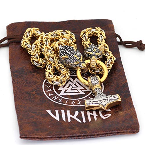 WLXW Collar de Hombre Vikingo, Colgante de Martillo Vintage Odin Thor, Joyería de Amuleto Vikingo Mjolnir, Collar de Acero Inoxidable con Cabeza de Lobo Celta de Mitología Nórdica,G＆s,50CM(22In)