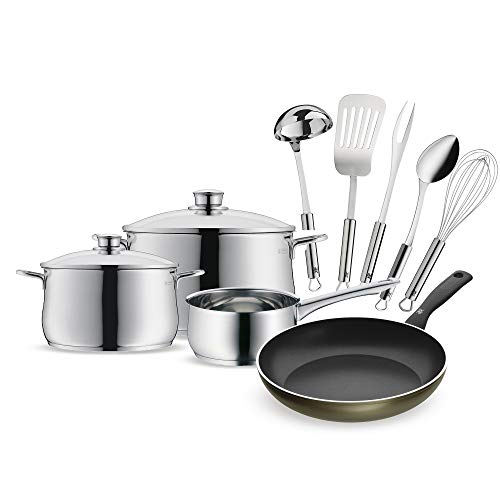 WMF Juego de Sartén Permadur Element 28 cm + Batería de Cocina Diadem Plus 3 Piezas Acero Inoxidable + Pala para freír + Cuchara de Servir + Tenedor para Carne + Batidor de Varillas + Cazo para Sopa