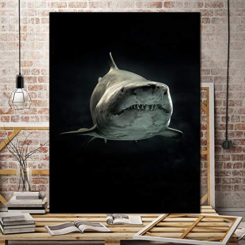 wojinbao Sin Marco Shark Wall Art Picture Animal Canvas and White and White Art Wall Poster Nordic Home Living Room Lienzo decoración Imprimir 60x90cm