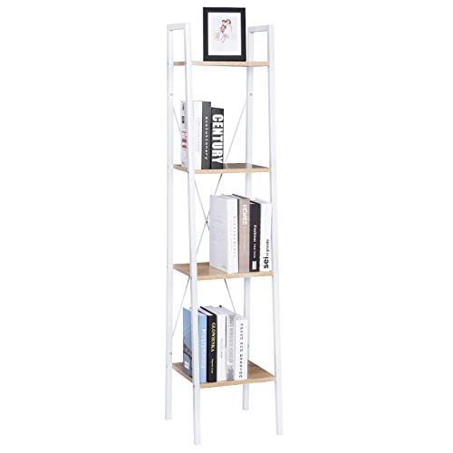 WOLTU Estanteria Librería Oficina Estante metálico de Madera y Acero, con 4 estantes Blanco + Roble Claro RGB9284whe