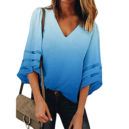 Women's V Neck Mesh Panel Blouse 3/4 Bell Sleeve Casual Loose Top Shirt Mujeres Manga Corta Camisetas Verano Algodón Carta Impresión T Shirt Blusas Camisas Tops Personalidad