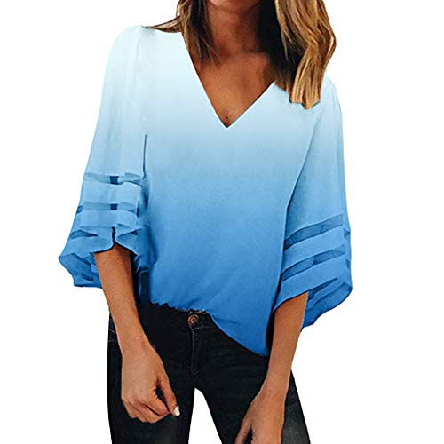 Women's V Neck Mesh Panel Blouse 3/4 Bell Sleeve Casual Loose Top Shirt Mujeres Manga Corta Camisetas Verano Algodón Carta Impresión T Shirt Blusas Camisas Tops Personalidad