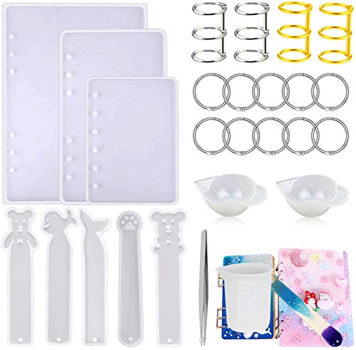 Woohome 26 Pz Molde Silicona Resina Cubierta de Cuaderno Marcador con Anillos de Libro y Taza de Medición de Silicona para Cuadernos, Marcador DIY (A5 A6 A7)