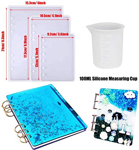 Woohome 26 Pz Molde Silicona Resina Cubierta de Cuaderno Marcador con Anillos de Libro y Taza de Medición de Silicona para Cuadernos, Marcador DIY (A5 A6 A7)