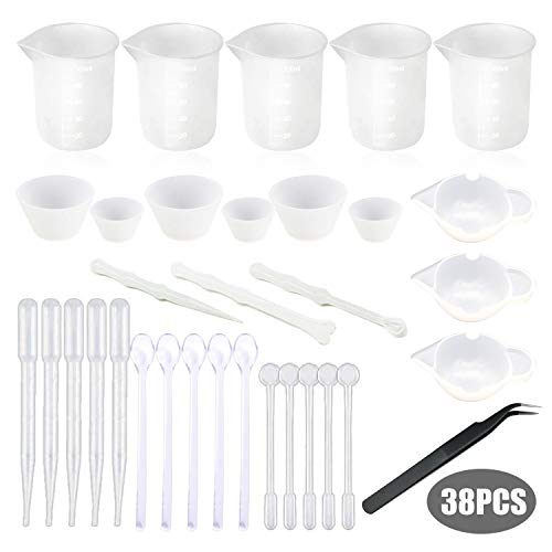 Woohome 38 Pz Vasos Medidores de Silicona Incluir 100 ML Taza Medidora de Silicona, Vasos de Mezcla de Resina Epoxi con Raspador de Silicona, Barra de Silicona y Cuchara de Silicona, Pinzas