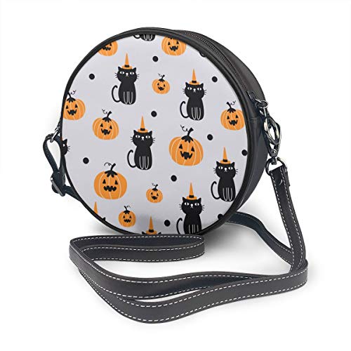 Wrution Halloween con gato y calabaza redondo cuerpo cruzado con cremallera bolsa de hombro suave de cuero Círculo Bolsos para mujer personalizado