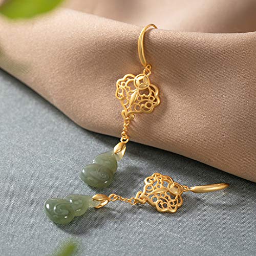 Wuligeya S925 Plata Pura Dorada Hueco y Tian Yuqing Jade Calabaza Pendientes de Mujer