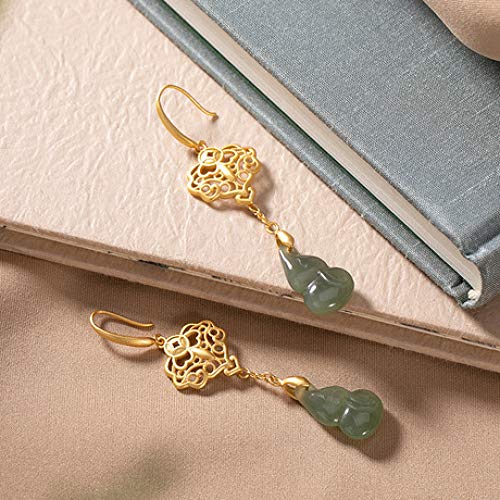 Wuligeya S925 Plata Pura Dorada Hueco y Tian Yuqing Jade Calabaza Pendientes de Mujer