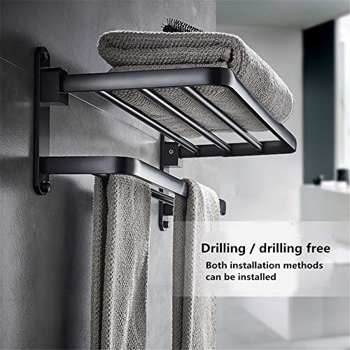 WUYING Sin Taladro Espacio de Aluminio Estante de Toalla Negro Plegables Toallero Montado en la Pared Doble Capa Barra de Toalla Impermeable para Cuarto de baño Hotel Balcón Etc40cm(16inch)