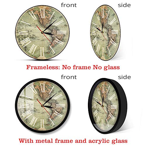 XCJX 12 Pulgadas con Marco 1860 Antiguo hemisferio Occidental Mapa del Mundo Verde Reloj de Pared Impreso Apariencia del Viejo Mundo Mapa del Globo terráqueo Reloj de Bolsillo Vintage