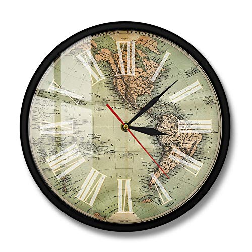 XCJX 12 Pulgadas con Marco 1860 Antiguo hemisferio Occidental Mapa del Mundo Verde Reloj de Pared Impreso Apariencia del Viejo Mundo Mapa del Globo terráqueo Reloj de Bolsillo Vintage