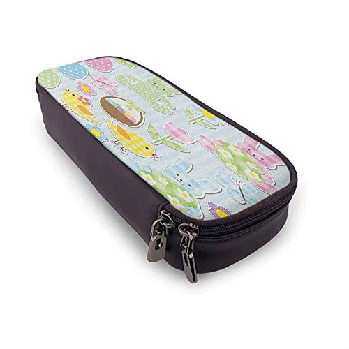 XCNGG Estuche de cuero para bolígrafos de Pascua, conejitos y pollitos con tema de guardería con huevos gigantes Ilustración navideña en colores pastel Soporte de papelería duradero multicolor