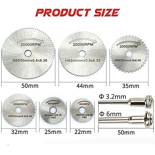 XCOZU - Juego de 8 herramientas giratorias de acero rápido, mini hoja de sierra circular, 6 cuchillas de corte y 2 varillas de extensión, discos de corte para madera, plástico y metal