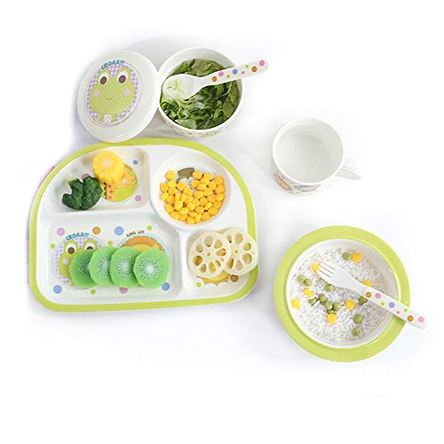 Xhtoe Plato de Cena Juego de Cena Infantil de melamina de 6 Piezas: Plato Dividido for niños, tazón, Taza, Plato de Sopa, Tenedor y Cuchara Verde para Uso doméstico y de hostelería