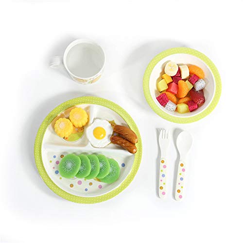 Xhtoe Plato de Cena Juego de vajilla for niños de 6 Piezas Juego de vajilla de melamina con Plato Dividido, tazón, Taza, Cuchara y Tenedor Verde para Uso doméstico y de hostelería