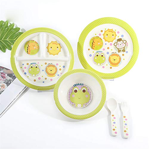 Xhtoe Plato de Cena Juego de vajilla for niños de 6 Piezas Juego de vajilla de melamina con Plato Dividido, tazón, Taza, Cuchara y Tenedor Verde para Uso doméstico y de hostelería