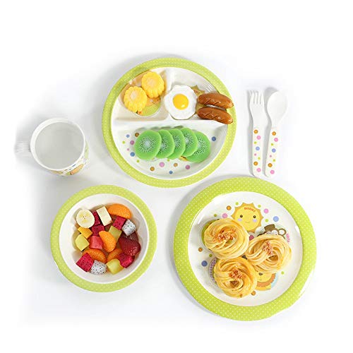 Xhtoe Plato de Cena Juego de vajilla for niños de 6 Piezas Juego de vajilla de melamina con Plato Dividido, tazón, Taza, Cuchara y Tenedor Verde para Uso doméstico y de hostelería