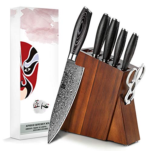 XINZUO Acero Damasco 7 Piezas Set Cuchillo Cocina, Bloque de Madera, Profesional Cuchillo Chef Santoku Fileteador Universal Fruta,Tijeras de Cocina Multifuncionales, con Mango de Pakkawood -Ya Serie