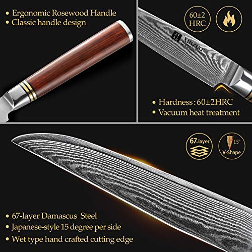 XINZUO Juego de 4 Cuchillos de Carne,12.35cm Cuchillo de Mesa Cuchillos Chuleteros Acero Damascus Cuchillos de Cocina, Hermosa Caja de Regalo, Ergonómico Mango de Rosewood –H Serie