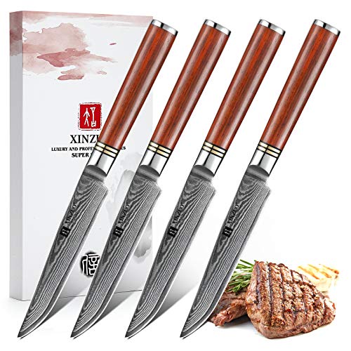 XINZUO Juego de 4 Cuchillos de Carne,12.35cm Cuchillo de Mesa Cuchillos Chuleteros Acero Damascus Cuchillos de Cocina, Hermosa Caja de Regalo, Ergonómico Mango de Rosewood –H Serie