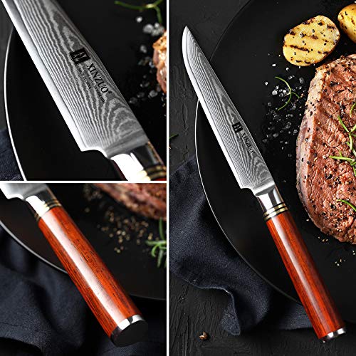 XINZUO Juego de 4 Cuchillos de Carne,12.35cm Cuchillo de Mesa Cuchillos Chuleteros Acero Damascus Cuchillos de Cocina, Hermosa Caja de Regalo, Ergonómico Mango de Rosewood –H Serie