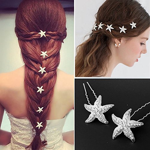 Xiton- 10 pines para el pelo de estrella de mar de cristal en tono plateado para horquillas de boda