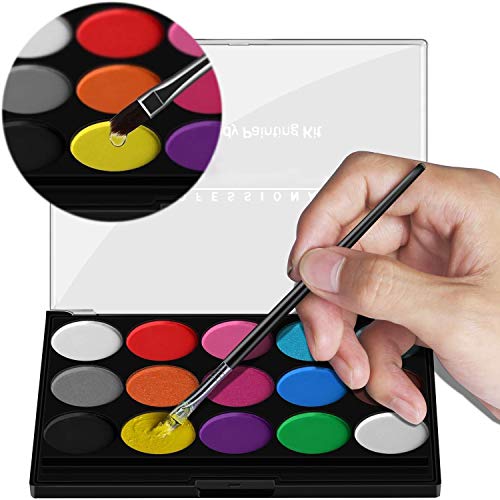 XPASSION Kit de Pintura Facial. Set de Maquillaje, Pinturas Corporales, Pintura Cara Professional Juego con 1 brocha 15 Colores para niños Fiestas Body Painting de Halloween Make Up