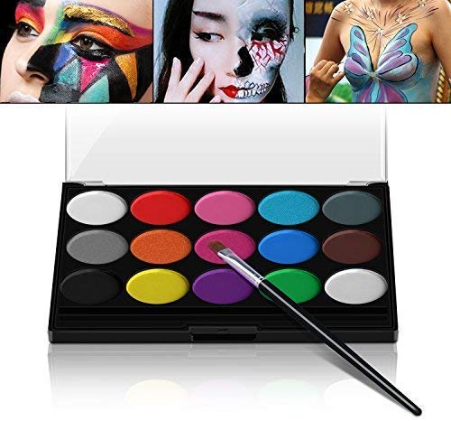 XPASSION Kit de Pintura Facial. Set de Maquillaje, Pinturas Corporales, Pintura Cara Professional Juego con 1 brocha 15 Colores para niños Fiestas Body Painting de Halloween Make Up