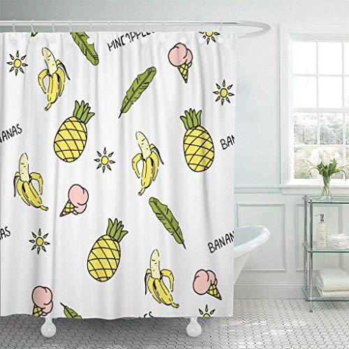 XZLWW Cortina de Ducha con Gancho Texto Amarillo patrón de Verano plátano piña piña Helado Hojas Playa Color baño 180x180CM A