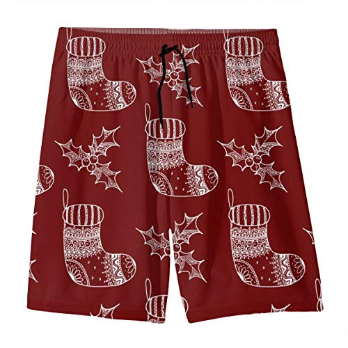 YANAIX Hombre Pantalones Cortos de Playa,Patrón De Símbolo Decorativo De Navidad - Calcetín Y Acebo,Secado Rápido Bañador Estampado Beach Shorts XL